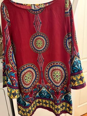 Auditions Red Bohemian Mini Dress with Blue and Yellow Accents